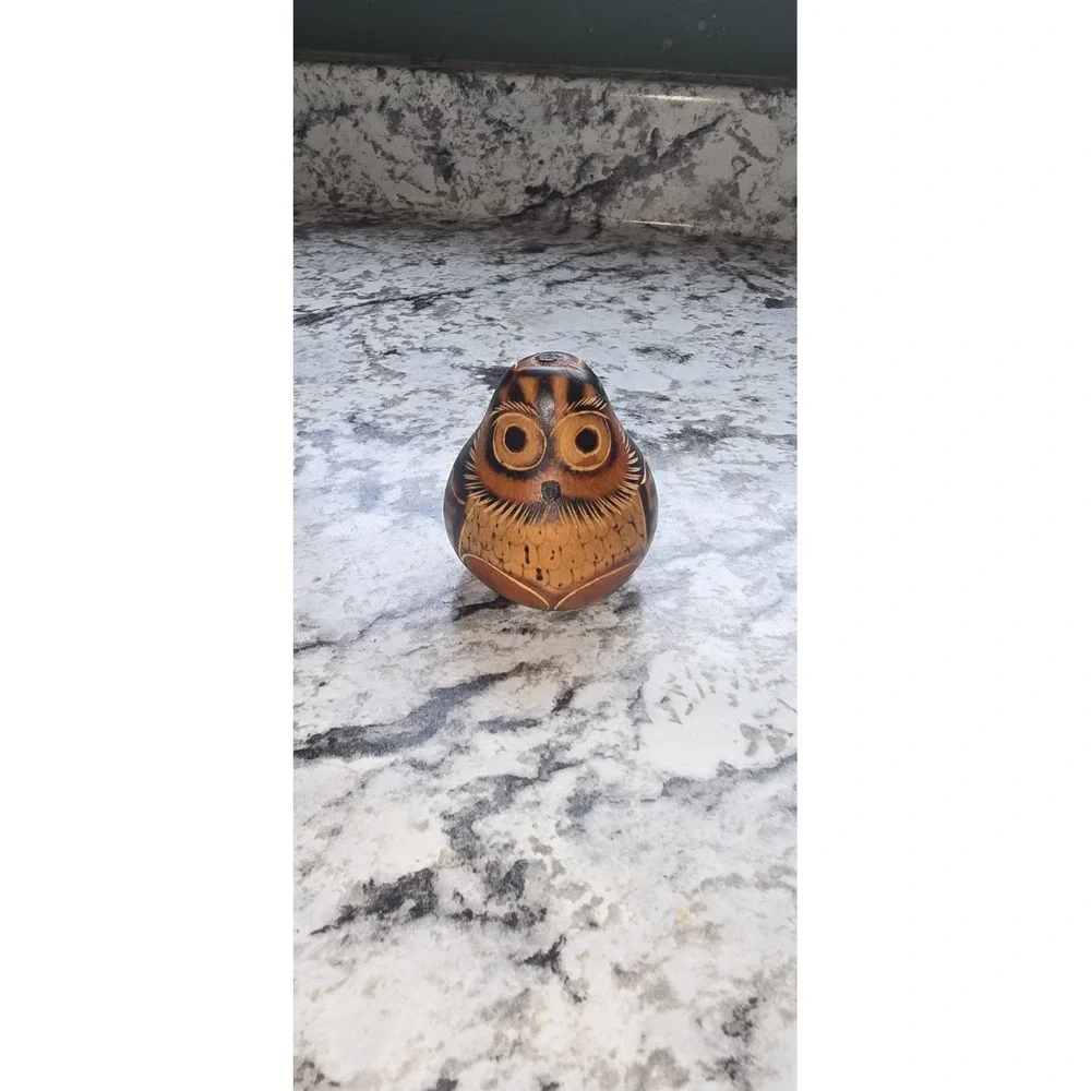 Decorative Peruvian Folk Art Gourd With Carved Owl Bird Design Hand Painted